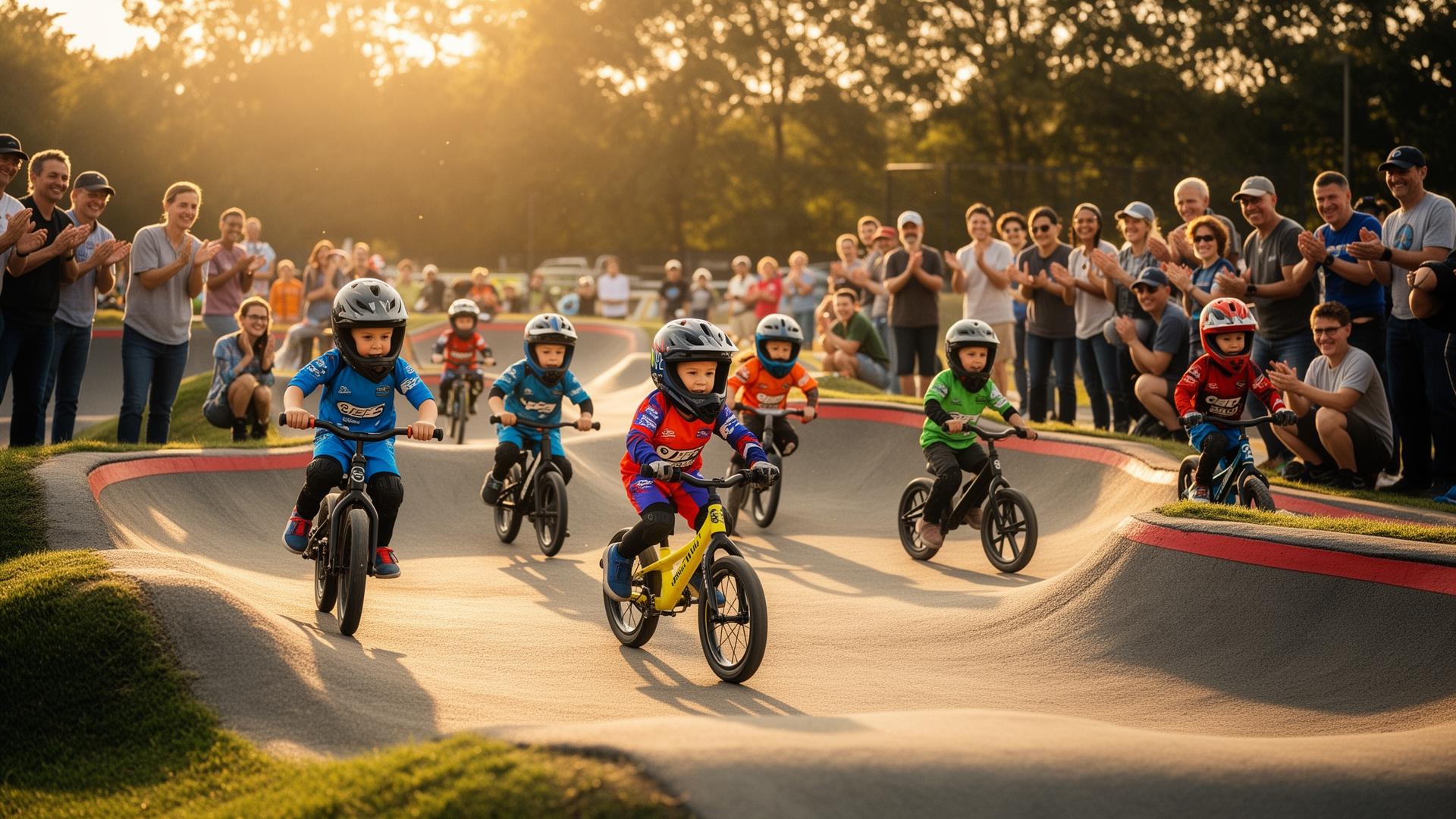 Children racing walkbikes on a miniature BMX track